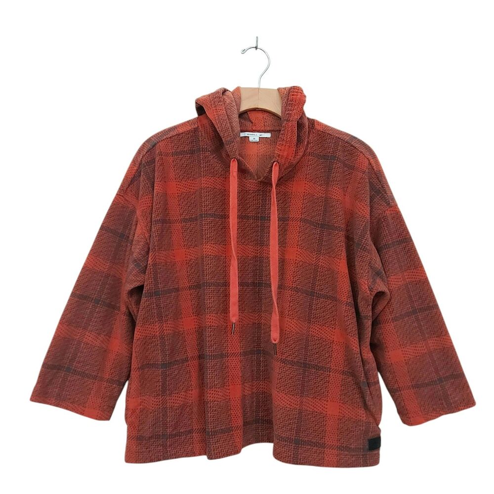 O'Neill Hooded Sweatshirt Womens Medium Orange Fleece Plaid Cozy Comfy Warm